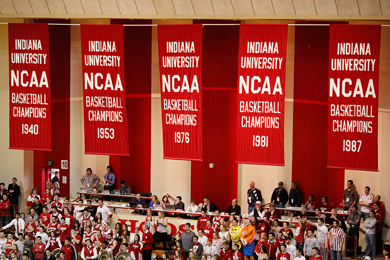 Indiana University's five NCAA men's basketball championship banners hang in Assembly Hall